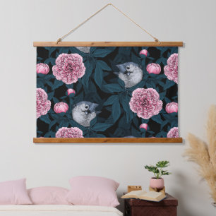 Vögel und Blume mit rosa Birnen und Blätter Wandteppich Mit Holzrahmen