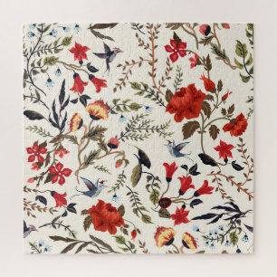 Vögel und Blume: Nahtlose Blumenmuster Puzzle