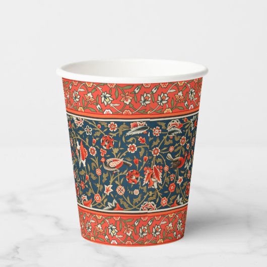 Vogel und Blume Persisches Blaues Muster Pappbecher (Vorderseite)