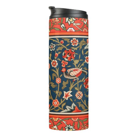 Vogel und Blume Persisches Blaues Muster Thermosbecher (Nach rechts gedreht)