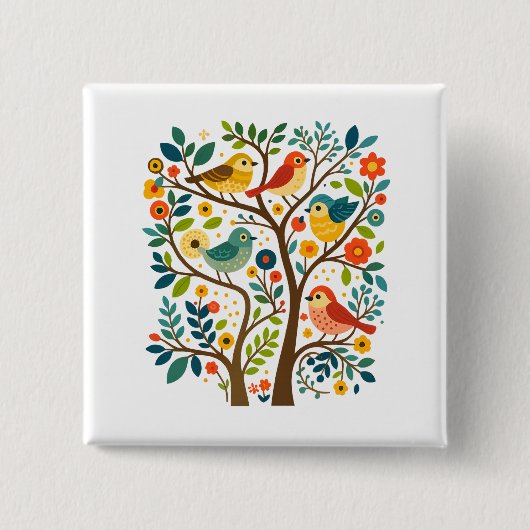 Vögel und Blume Skandinavische Volkskunst Button (Vorderseite)