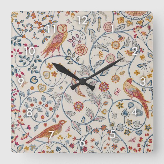 Vögel und Blume, William Morris Quadratische Wanduhr (Vorderseite)