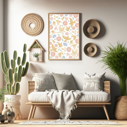 Vögel und Blumen Handgezeichnete Kunst Poster