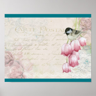 Vogel und Blumen mit handgeschriebenen Shabby Vint Poster