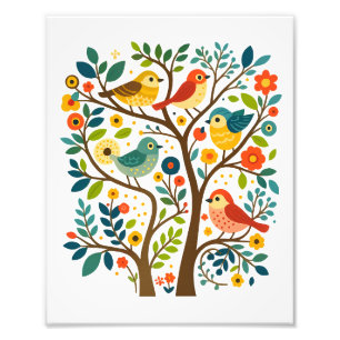 Vögel und Blumen Skandinavische Volkskunst Fotodruck