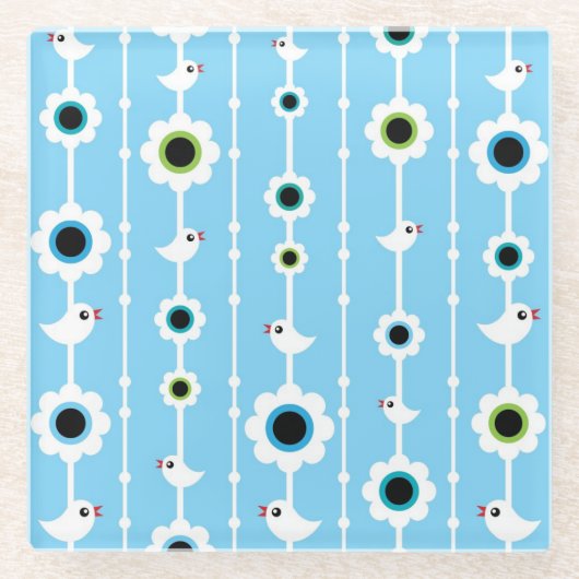 Vogel- und Blumenblaumuster Glasuntersetzer (Vorderseite)