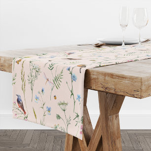Vögel und Blumenfrühling Sommerwasserfarbe Großer Tischläufer