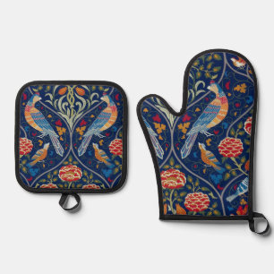 Vogel- und Blumenmuster, William Morris Ofenhandschuh & Topflappen-Set