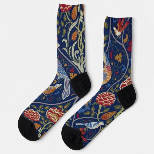 Vogel- und Blumenmuster, William Morris Socken (Linkes Detail)