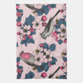Vögel und Blüten auf rosa Geschirrtuch (Vertikal)