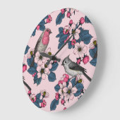 Vögel und Blüten auf rosa Große Wanduhr (Winkel)