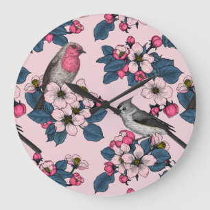 Vögel und Blüten auf rosa Große Wanduhr