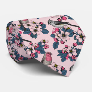 Vögel und Blüten auf rosa Krawatte