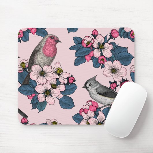 Vögel und Blüten auf rosa Mousepad (Mit Mouse)