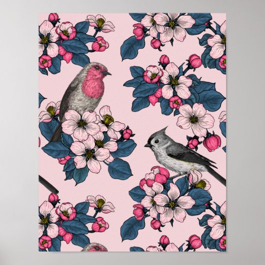 Vögel und Blüten auf rosa Poster (Vorne)