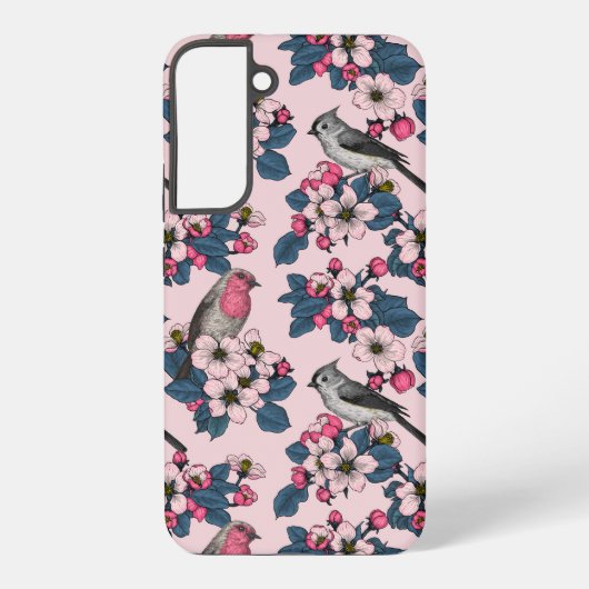 Vögel und Blüten auf rosa Samsung Galaxy Hülle (Rückseite)
