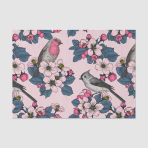 Vögel und Blüten auf rosa Seidenpapier