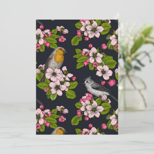 Vögel und Blüten auf schwarz (Stehend Vorderseite)