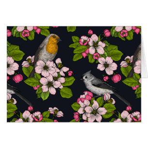 Vögel und Blüten auf schwarz