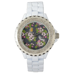 Vögel und Blüten auf schwarz Armbanduhr
