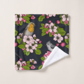 Vögel und Blüten auf schwarz Badhandtuch Set (Waschlappen)