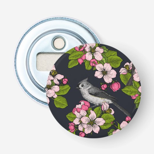 Vögel und Blüten auf schwarz Flaschenöffner (Vorderseite)