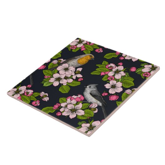 Vögel und Blüten auf schwarz Fliese (Seite)