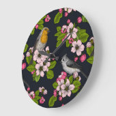Vögel und Blüten auf schwarz Große Wanduhr (Winkel)