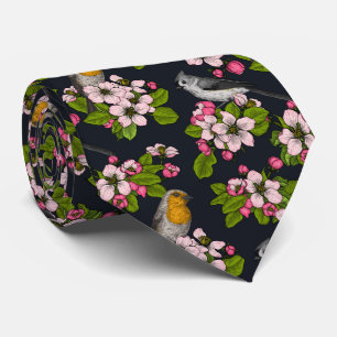 Vögel und Blüten auf schwarz Krawatte