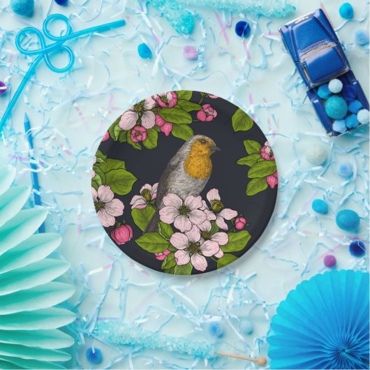 Vögel und Blüten auf schwarz Pappteller (Party)