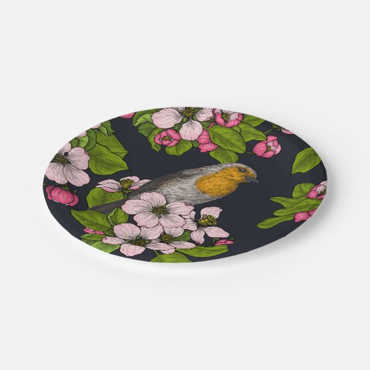 Vögel und Blüten auf schwarz Pappteller (Schrägansicht)