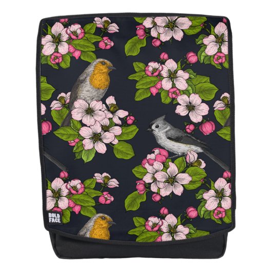 Vögel und Blüten auf schwarz Rucksack (Vorderseite)