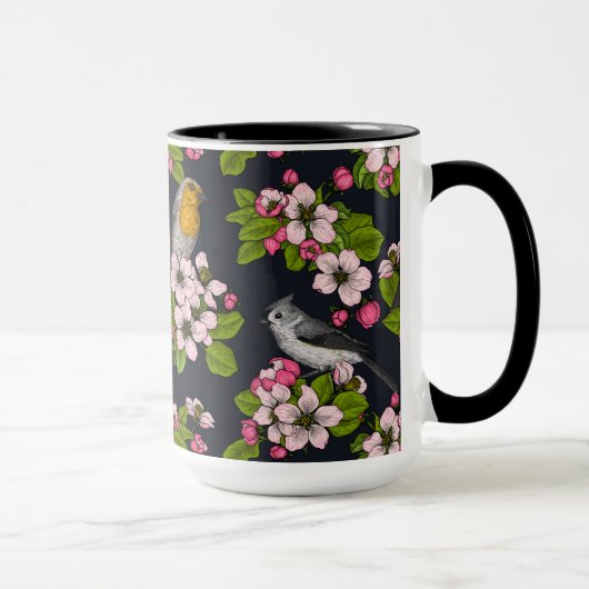 Vögel und Blüten auf schwarz Tasse (Rechts)