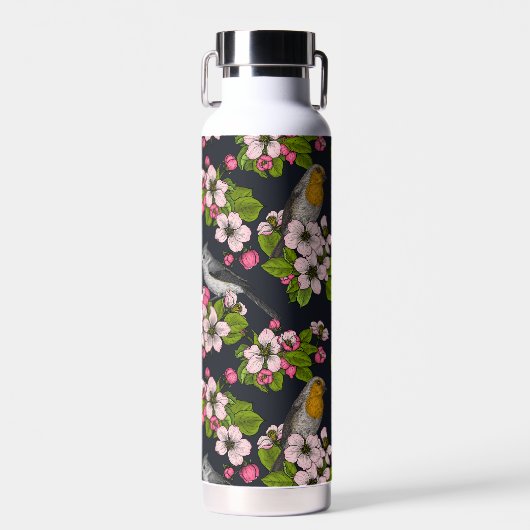 Vögel und Blüten auf schwarz Trinkflasche (Vorne)