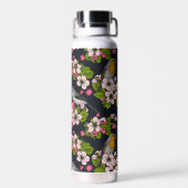 Vögel und Blüten auf schwarz Trinkflasche (Rückseite)