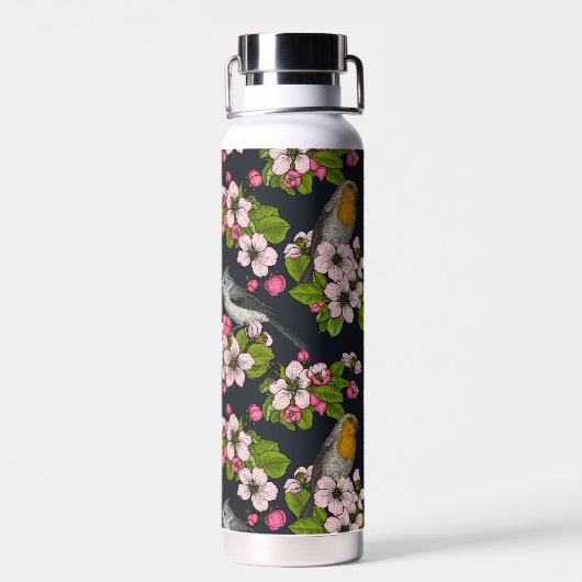 Vögel und Blüten auf schwarz Trinkflasche (Rückseite)