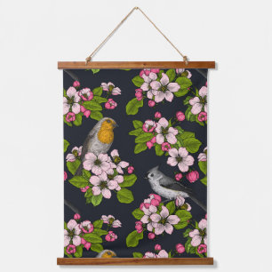 Vögel und Blüten auf schwarz Wandteppich Mit Holzrahmen