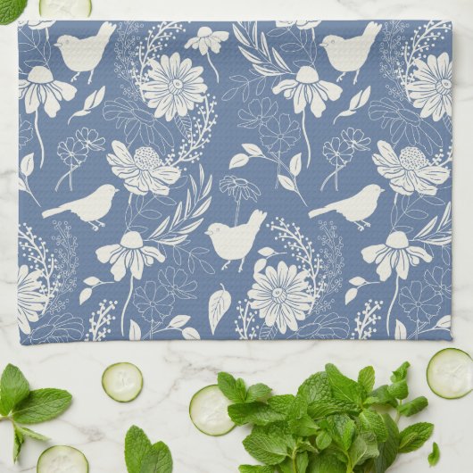 Vögel und Blüten Blau und Creme Geschirrtuch (Gefaltet)