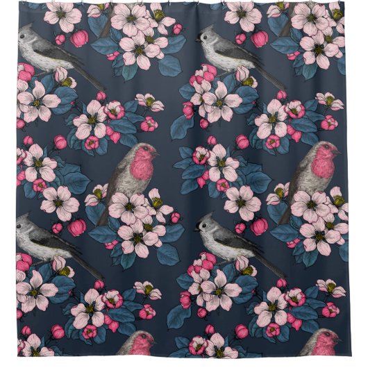 Vögel und Blüten Duschvorhang (Vorderseite)