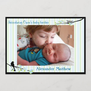 Vogel-und Blüten-Foto-Geburts-Mitteilungs-Blues Ankündigung