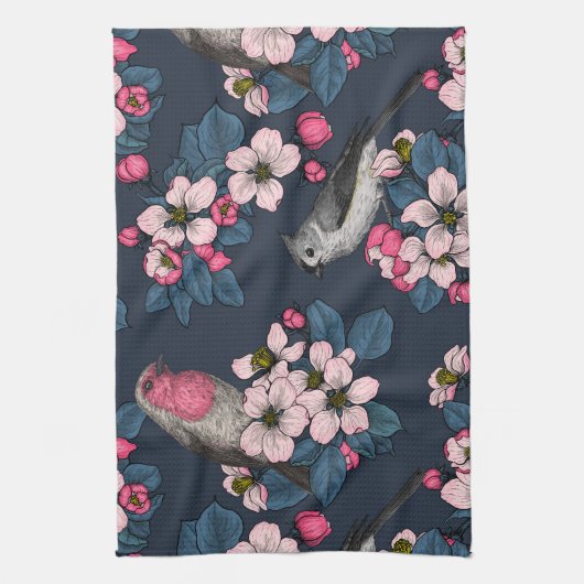 Vögel und Blüten Geschirrtuch (Vertikal)