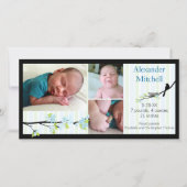 Vogel und Blüten in Blues Geburtserklärung Ankündigung (Vorderseite)