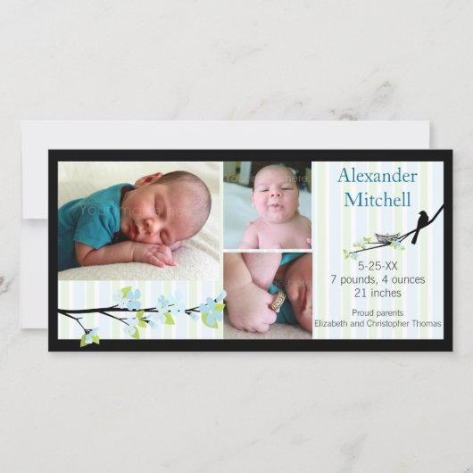 Vogel und Blüten in Blues Geburtserklärung Ankündigung (Vorderseite)