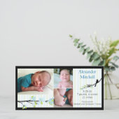 Vogel und Blüten in Blues Geburtserklärung Ankündigung (Stehend Vorderseite)