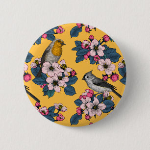 Vögel und Blüten in Gelb Button