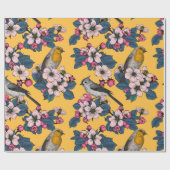 Vögel und Blüten in Gelb Geschenkpapier (Flach)