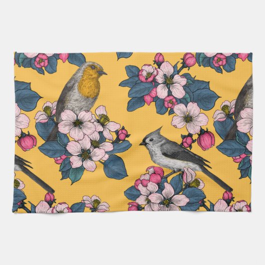 Vögel und Blüten in Gelb Geschirrtuch (Horizontal)