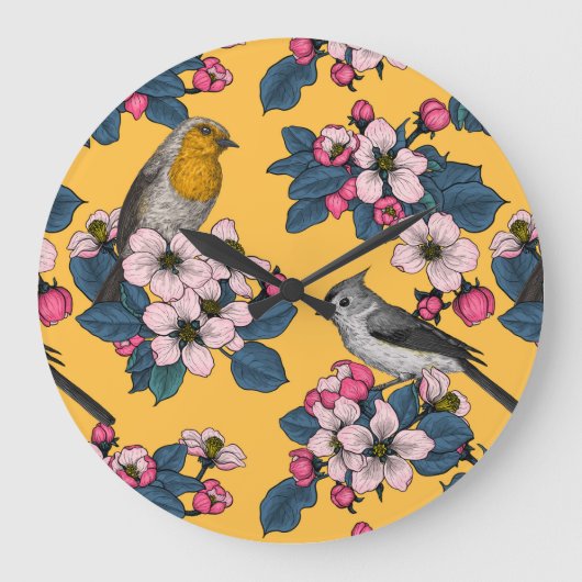 Vögel und Blüten in Gelb Große Wanduhr (Vorderseite)