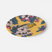 Vögel und Blüten in Gelb Pappteller (Schrägansicht)