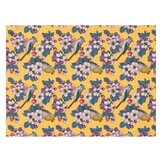 Vögel und Blüten in Gelb Tischdecke (Vorderseite (Horizontal))